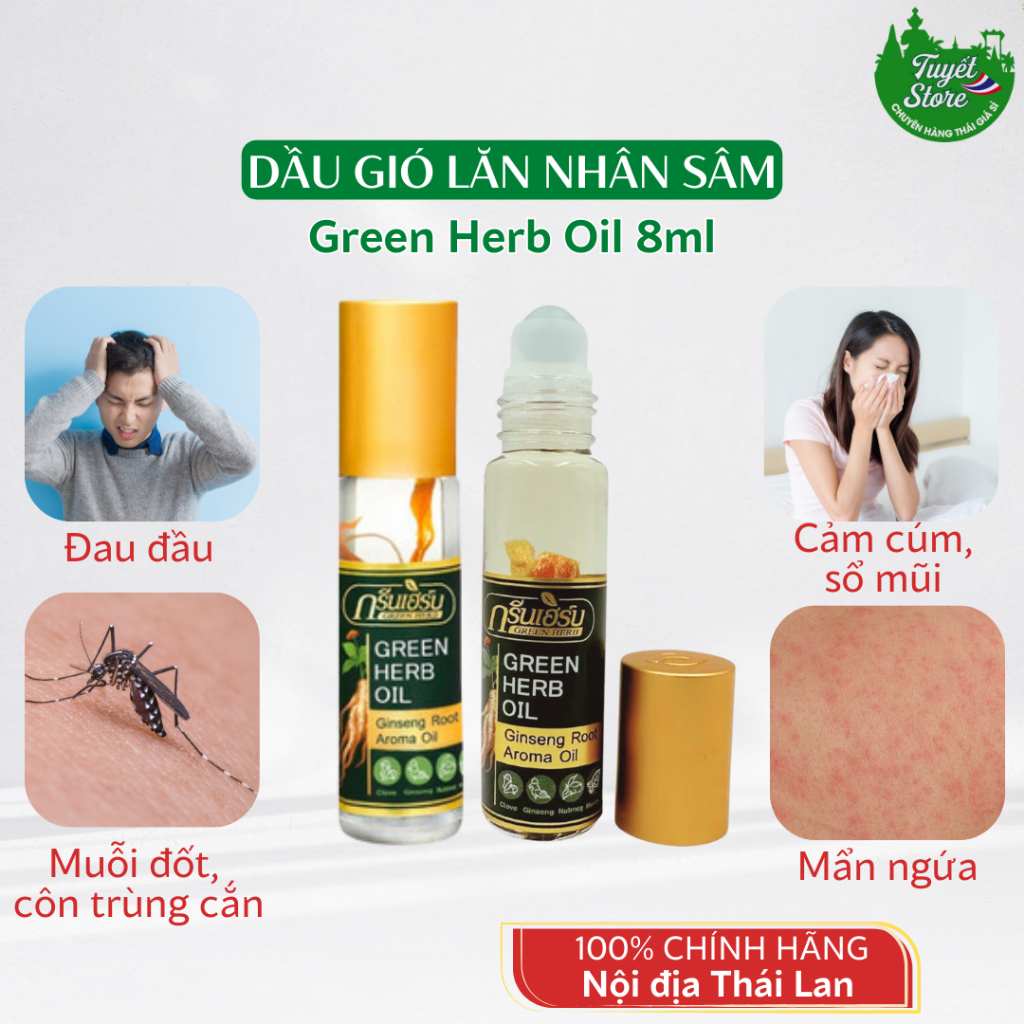 Dầu lăn nhân sâm Thái Lan Green Herb Oil 8ml, Dầu gió lăn Thái Lan thỏa dược bôi muỗi đốt, côn trùng cắn, giảm đau mỏi