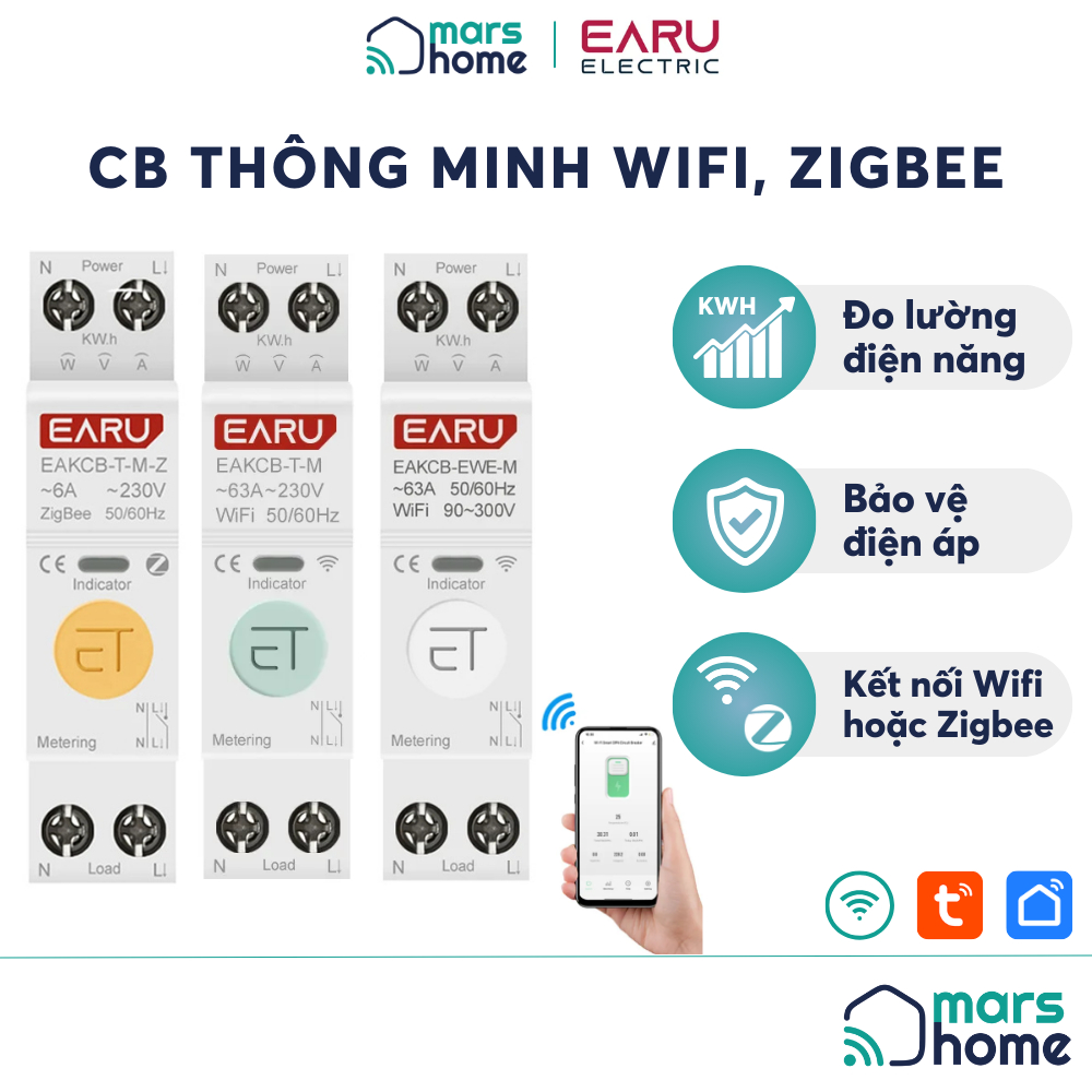 CB thông minh EARU Wifi/Zigbee Tuya - Đo điện năng, bảo vệ điện áp, bật tắt từ xa, hẹn giờ