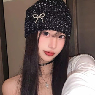 Mũ nón len đen jennie beanie dệt kim lấp lánh y2k style