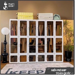 Tủ Quần Áo Gấp Gọn Mayibox 3 buồng cánh trong suốt khung abs cao cấp, Tủ Nhựa Để Đồ Có Cánh Nam Châm