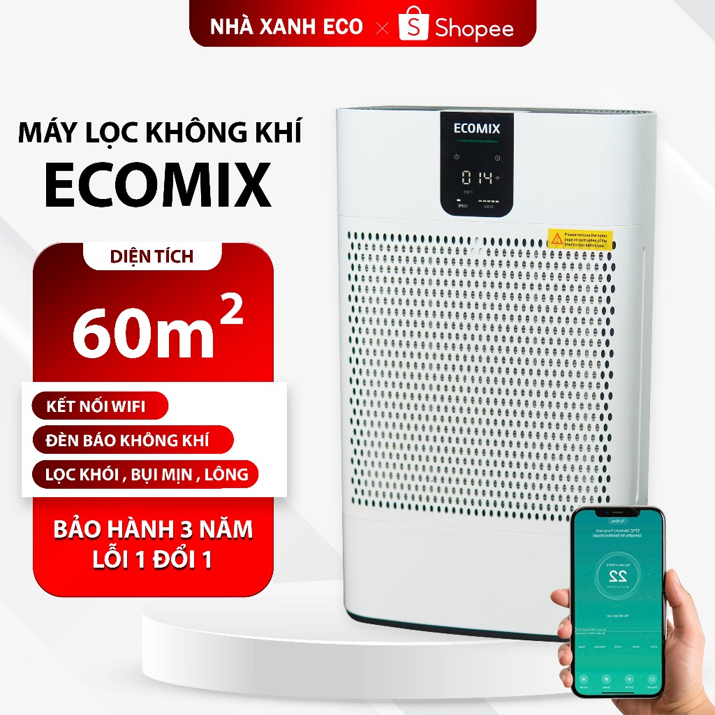 Máy lọc không khí ECOMIX 60m2 | lọc bụi mịn ,khói ,mùi ,lông thú cưng - ion âm - Bảo hành 3 năm