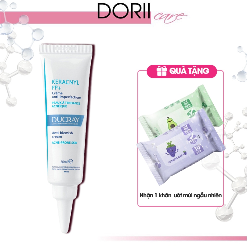  Ducray Kem ngừa mụn viêm & dành cho da nhờn tổn thương Keracnyl PP+ Anti-Blemish Cream 30ml tặng khăn giấy 