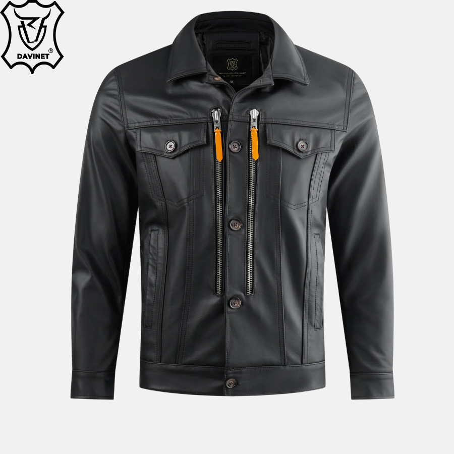 Áo Da Nam Trucker X2 Zip Chính Hãng Davinet Am25-09 Hai Túi Song Song Trước Ngực - Điểm Nhấn Cá Tính