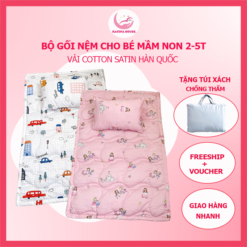 Bộ nệm gối cho bé đi học mẫu giáo Katina House, vải cotton satin hàn quốc đẹp, mềm mát