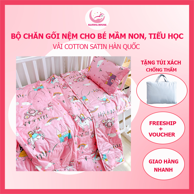Bộ nệm gối mền cho bé đi học Katina House, vải cotton satin hàn quốc đẹp, mềm mát