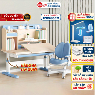 Bộ bàn học chống gù cao cấp Cốt gỗ tự nhiên SO04 Sakawin-Bộ bàn ghế học sinh kích thước 1M2, có giá sách lớn