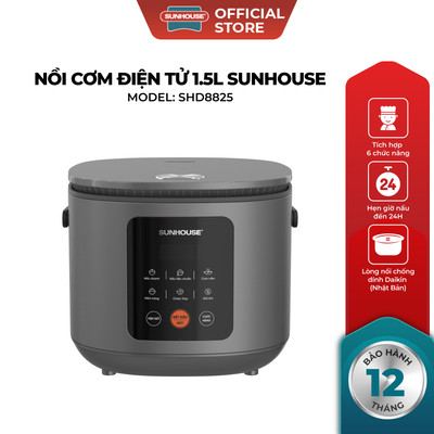 Nồi cơm điện tử 1.5L Sunhouse SHD8825 - 700W, 6 chức năng - Hẹn giờ nấu 24h - Chống dính Daikin 2 lớp - Lòng nồi 1.2mm
