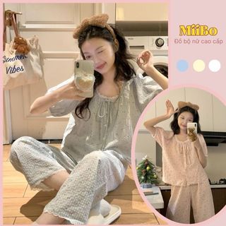 Đồ ngủ nữ chất thô đũi cộc tay họa tiết hoa nhí màu xanh be pijama mặc nhà dễ thương HCOM25518 Miiboshi 