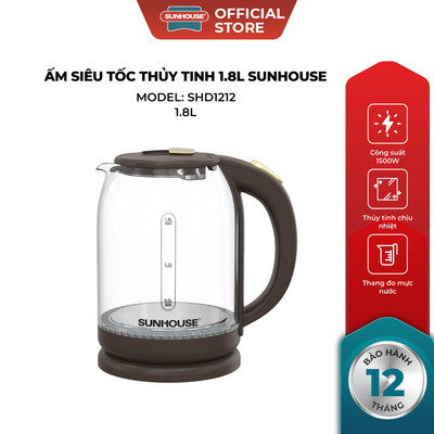 Ấm siêu tốc thủy tinh 1.8L Sunhouse SHD1212 - 1500W - Thang đo mực nước tiện lợi - Tự ngắt khi quá nhiệt