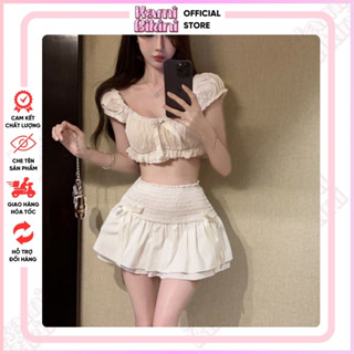 Set váy đi biển KAMI, Áo trễ vai đi biển màu trắng đính nơ cúp ngực crop top mix chân váy xòe tầng- ( AN04 - CV05)