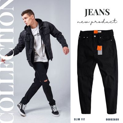 Quần jean slim rách gối HEBOZ D004 màu đen, quần bò nam chất denim wash co giãn - 00002609