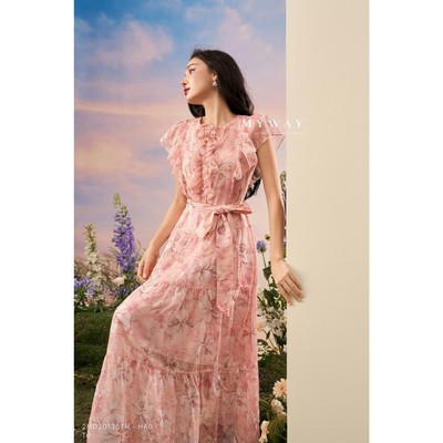 Đầm Tơ Maxi Nữ Không Tay Kèm Đai Đính Hoa Du Lịch Sang Chảnh 2MD20135THw