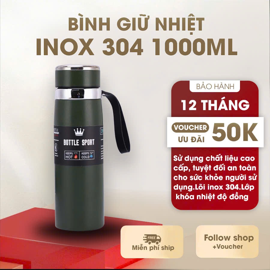Bình giữ nhiệt 1000ml cao cấp có nắp lọc trà - Bình đựng nước giữ nhiệt lớn tiện lợi lõi inox 304 không gỉ, giữ nước tốt