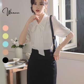 Áo Sơ Mi Nữ Cộc Tay Cổ Nơ Tháo Rời WEXUU Vải Lụa Hàn Mềm Mát Form Suông Tay Bồng Tiểu Thư - SP53
