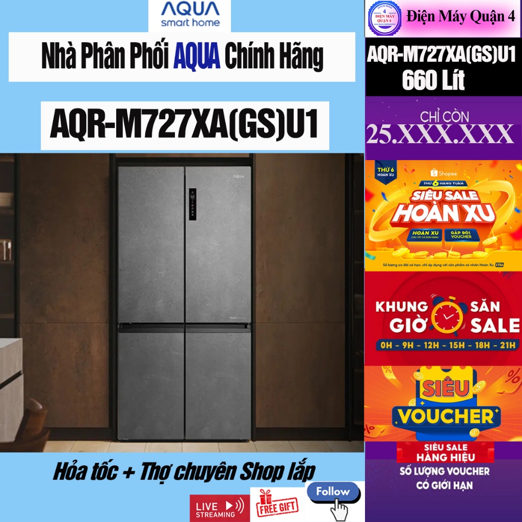 AQR-M727XA -- Tủ lạnh Aqua Inverter 660 lít Multi Door AQR-M727XA(GS)U1