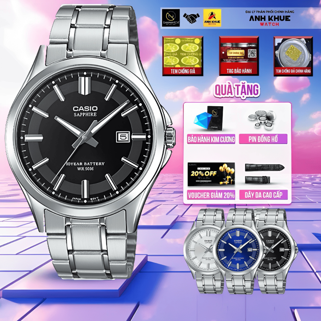 Đồng hồ Nam Casio MTS-100D-1AVDF máy Quartz (Pin), kính Sapphire, dây kim loại, chống nước, chính hã