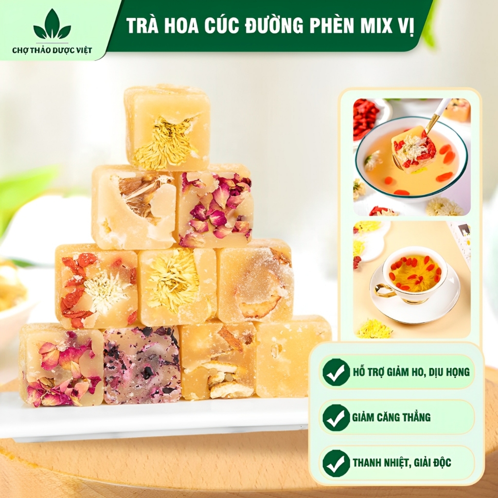 Trà hoa cúc đường phèn mix vị, viên cúc đường phèn và tổng hợp các loại trà hoa tự chọn, vị ngọt thanh