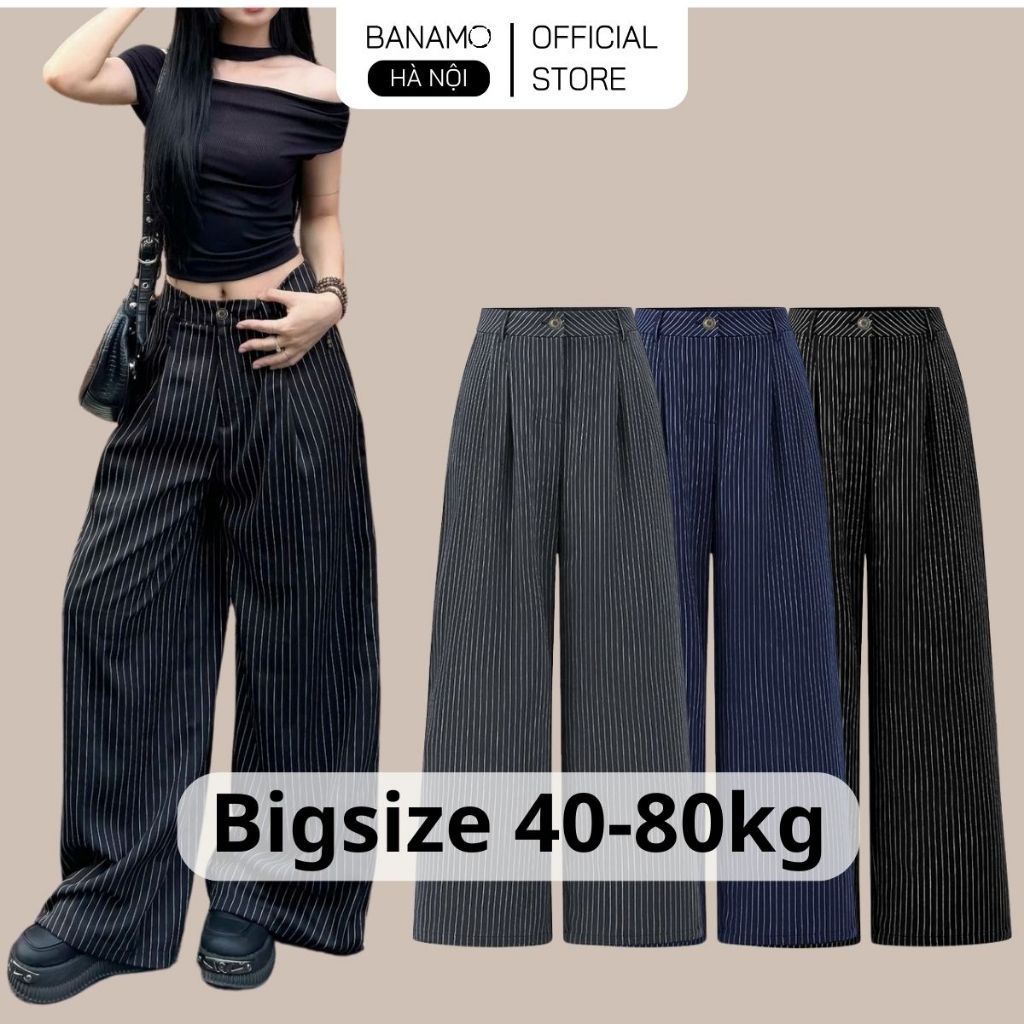 Quần ống rộng BIGSIZE Banamo Fashion Hà Nội quần suông kẻ sọc Striped Pants trẻ trung phong cách Hàn