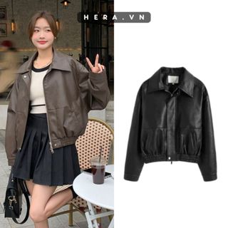 Áo Da Nữ Bomber Hera Áo Khoác Da Bo Chun Croptop Trendy Thời Trang Dễ Mix Đồ T081