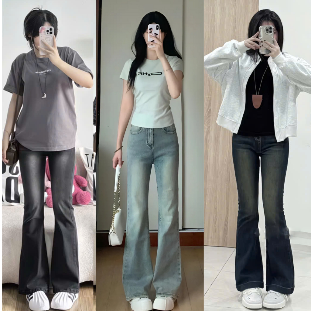 Quần Jeans nữ ống loe cạp cao MIAA Chất JEAN co giãn Dáng loe Đứng Rộng LƯNG CAO vải bò denim không phai màu xanh đen