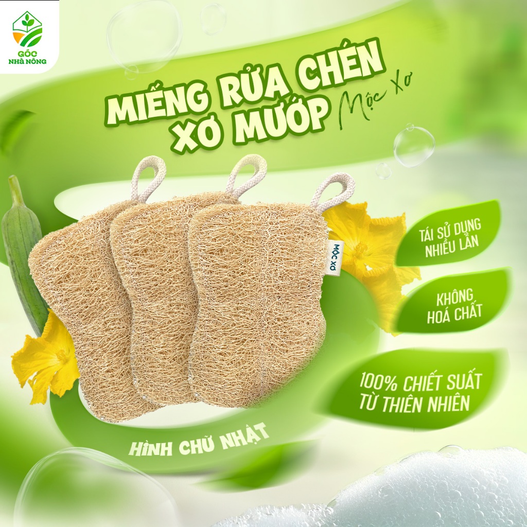 Miếng Rửa Chén Xơ Mướp Tự Nhiên Tạo Bọt Nhiều Không Gây Hại Cho Da Tay Hình Chữ Nhật- Mộc Xơ
