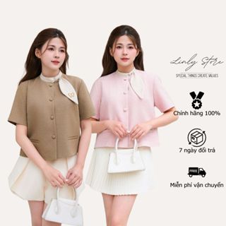 Áo blazer nữ tay cộc thiết kế cổ lá, áo kiểu dáng ngắn tiểu thư thêu hồ điệp Linly Store A-VEST34