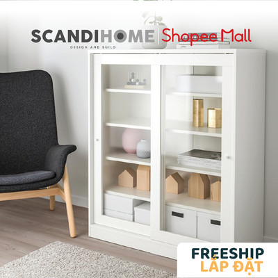 BRUNO, Tủ lưu trữ đồ dùng cửa kính CAB_001, 100x48x123cm, tủ gỗ Scandi Home