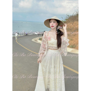  Set thiết kế 3 món áo cúp yếm bèo croptop xô thêu kèm khoác và cv ren maxi xoè kèm tag hoa - Chị Ba Boutique 