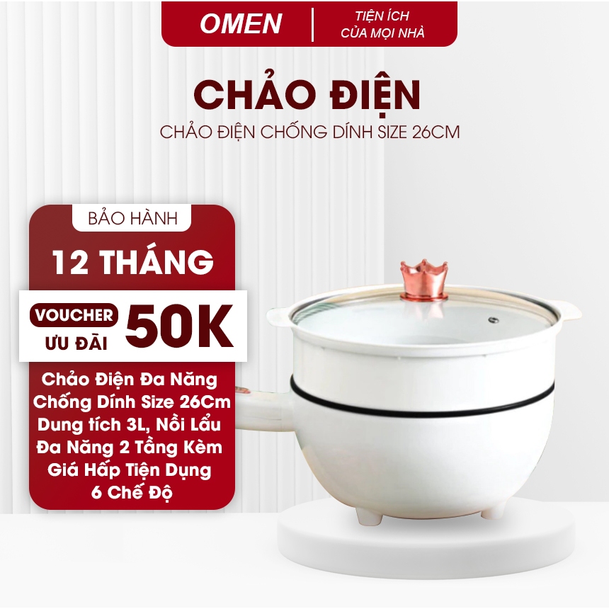 Chảo Điện Đa Năng Chống Dính Size 26Cm Dung tích 3L, Nồi Lẩu Đa Năng 2 Tầng Kèm Giá Hấp Tiện Dụng 6 Chế Độ