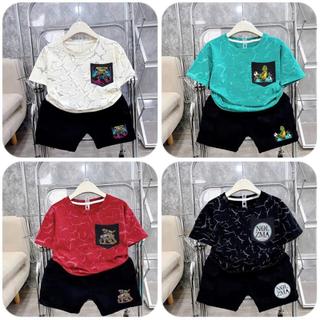  Combo 4 bộ cộc tay bé trai áo có túi in hình khủng long và xe hơi chất cotton size 10-55kg 