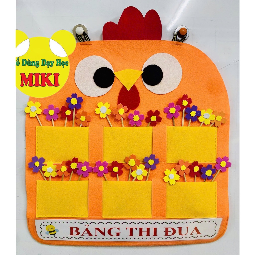 BẢNG Thi Đua NỈ 6 nhóm + 60 hoa + tiêu đề thi đua+ bộ số + keo xốp 22cm + 2 móc (Mẫu Chú Gà)