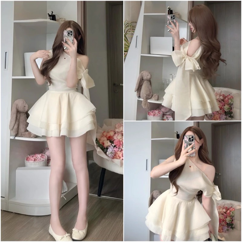 Váy Dự Tiệc Thiết Kế Lệch Vai Xoè 3 Tầng Chất Tơ Xốp (LA125)
