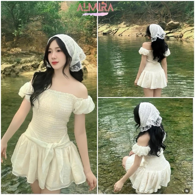 Váy Trễ Vai Buộc Dây Eo Dáng Xoè Tay Phồng Chất Đũi Tơ Nhăn Kèm Khăn Choàng Turban (LA126)