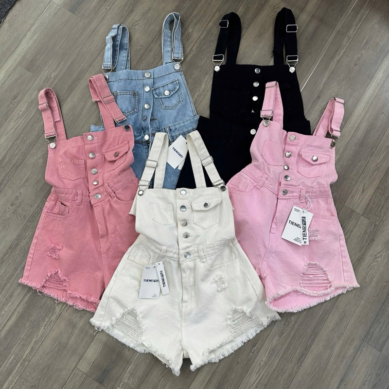 TIENSTYLE - Yếm Jean Nữ Hai Dây Có Bigsize 80kg S/5XL, Quần Yếm Jean Short Lai Tua Rách Đùi Cá Tính