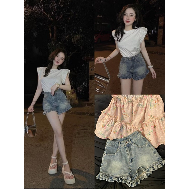 Quần Short Jeans Nữ Phối Bèo Cạp Cao Hách Dáng Quần Đùi Nữ màu Xanh Denim Chất liệu Mềm Mại Nữ Tính