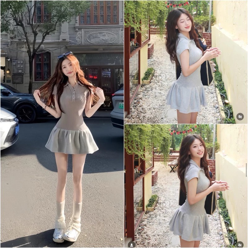 Váy Polo Màu Xám Ôm Body Chân Váy Xếp Ly (LA134)