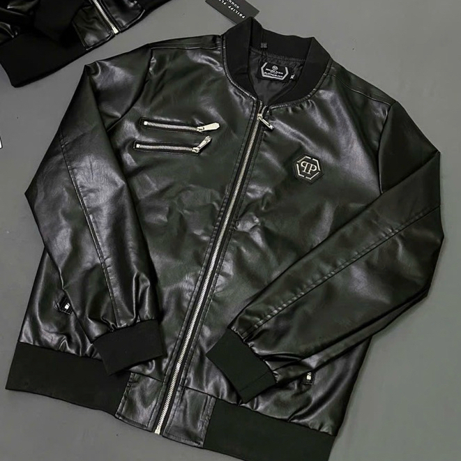 Áo Khoác Da Nam Philipp_Plein Jacket Thêu 4 Sọc Trắng Tay Lót Gió Bo Chun Dày Dặn Sang Trọng