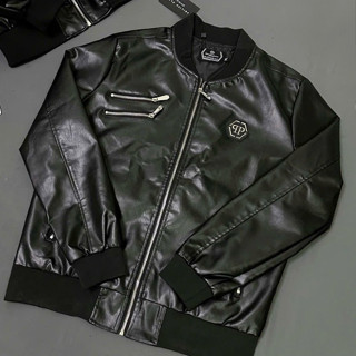 Áo Khoác Da Nam Philipp_Plein Jacket Thêu 4 Sọc Trắng Tay Lót Gió Bo Chun Dày Dặn Sang Trọng