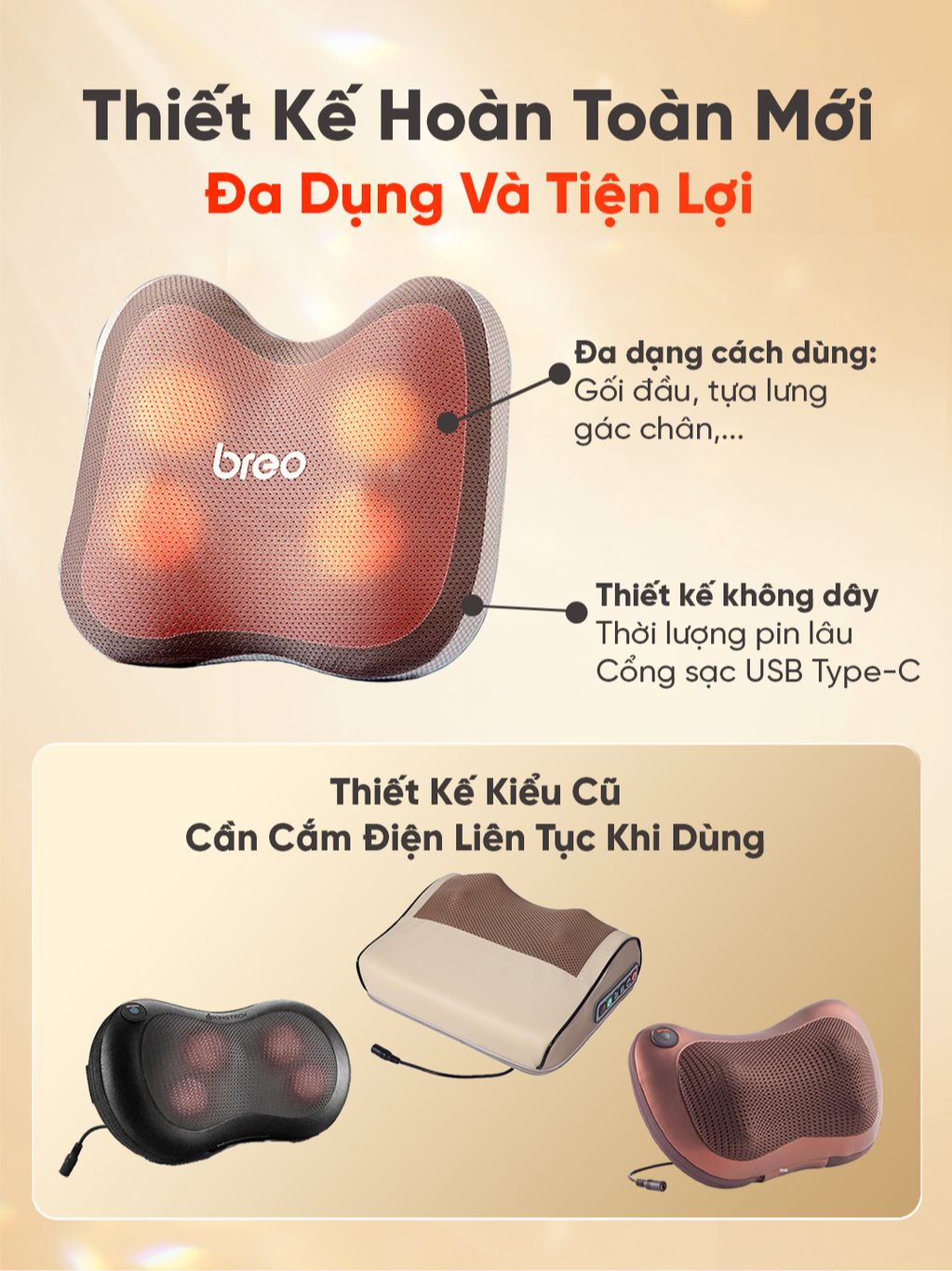 Gối Massage Lưng Cao Cấp BREO Back 2 - Xoa Bóp Chườm Nóng