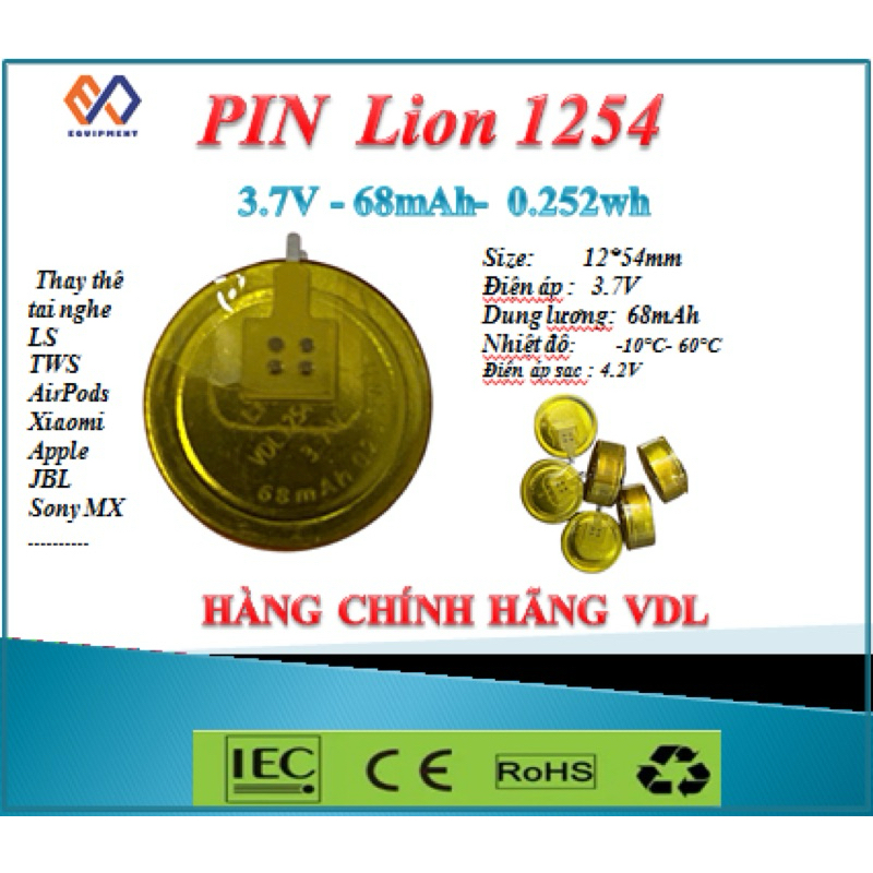 Linh kiện điện tử  Pin nút Li-ion 3.7V LIR1254 68mAh (Lithium ion) cho tai nghe Bluetooth tương thíc