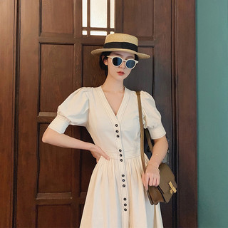 [ORDER] Đầm nữ tay phồng cổ chữ V đính khuy phong cách cổ điển Pháp hàng Quảng Châu