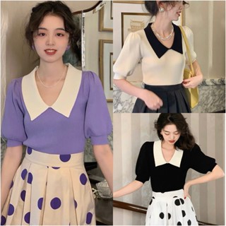 Áo len kiểu tay phồng cổ polo nữ dệt kim ngắn tay cổ búp bê cổ điển kiểu Pháp dáng ôm Quảng Châu CC