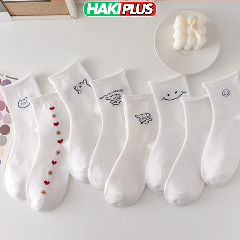 HAKIPLUS Tất cổ cao, vớ cổ cao nữ trắng họa tiết dễ thương vải co giãn thời trang Hàn Quốc TC117