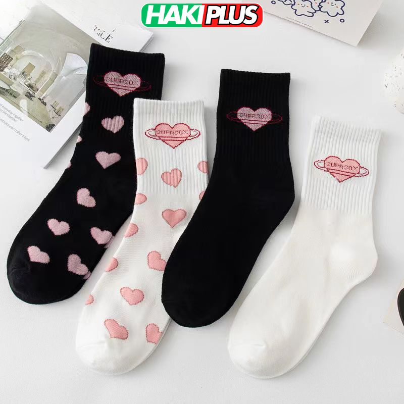HAKIPLUS Tất cổ cao, vớ cổ cao nữ trắng họa tiết trái tim xinh xắn vải co giãn thời trang Hàn Quốc TC121