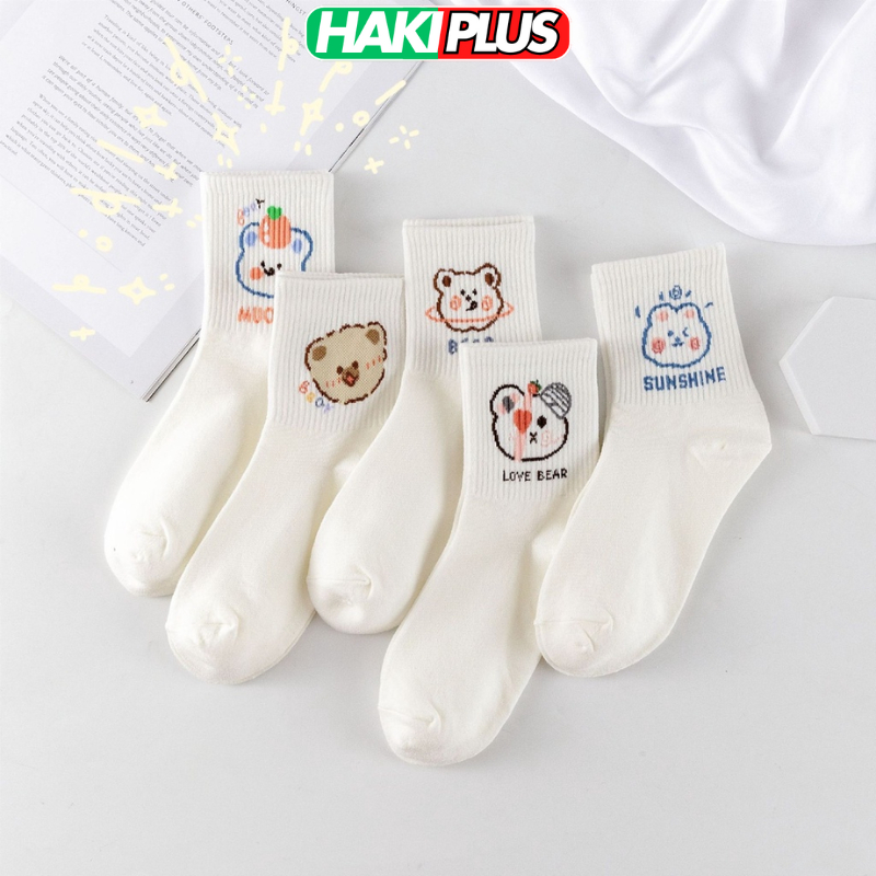 HAKIPLUS Tất cổ cao, vớ cổ cao nữ trắng họa tiết hình gấu dễ thương vải co giãn thời trang Hàn Quốc TC122