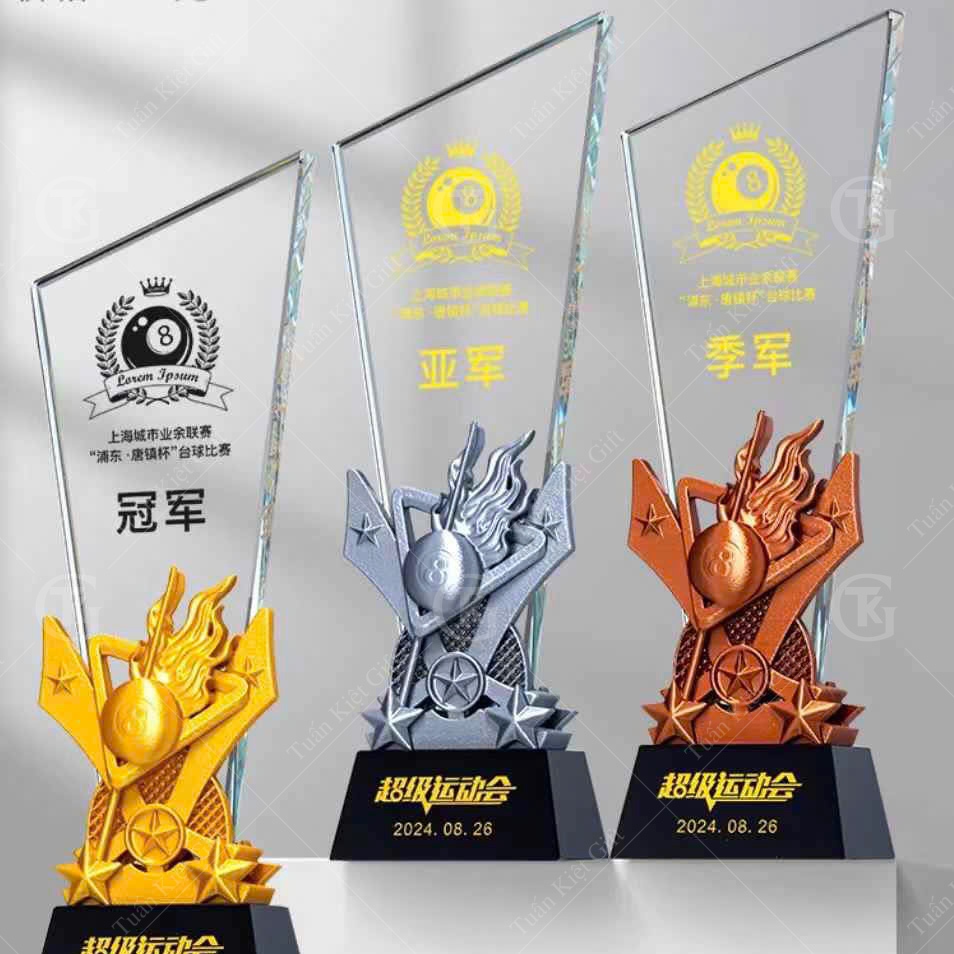 Cúp pha lê giải BIDA 8 pool in ấn theo yêu cầu