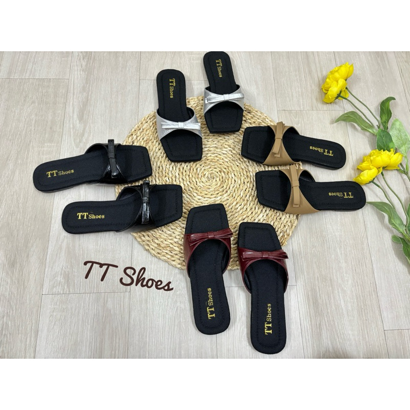 Dép lê đính nơ si nhăn mềm mại mũi vuông TT Shoes xepnơ