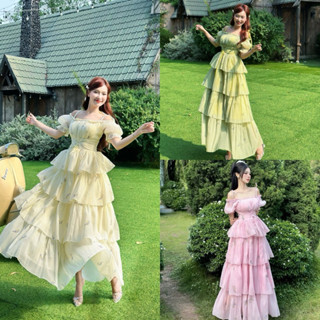 M4 - Váy Tiểu Thư Tầng Hoạ tiết Hoa xoè, Dáng dài Rớt Vai - NHALEE