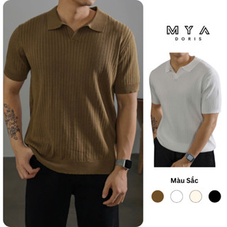 Áo Polo cổ V nam dệt kim MYA, áo len nam trơn mongtogi cao cấp kẻ sọc basic lịch lãm