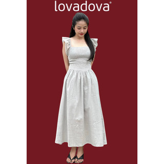 Đầm maxi sát nách màu xanh / xám lông chuột tay bèo vải linen Lovadova GD0604